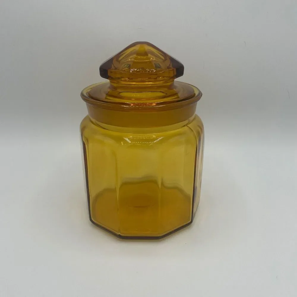 Vintage LE Smith 10‎ Panel Amber Glass Apothecary Canister Jar w/Lid 7